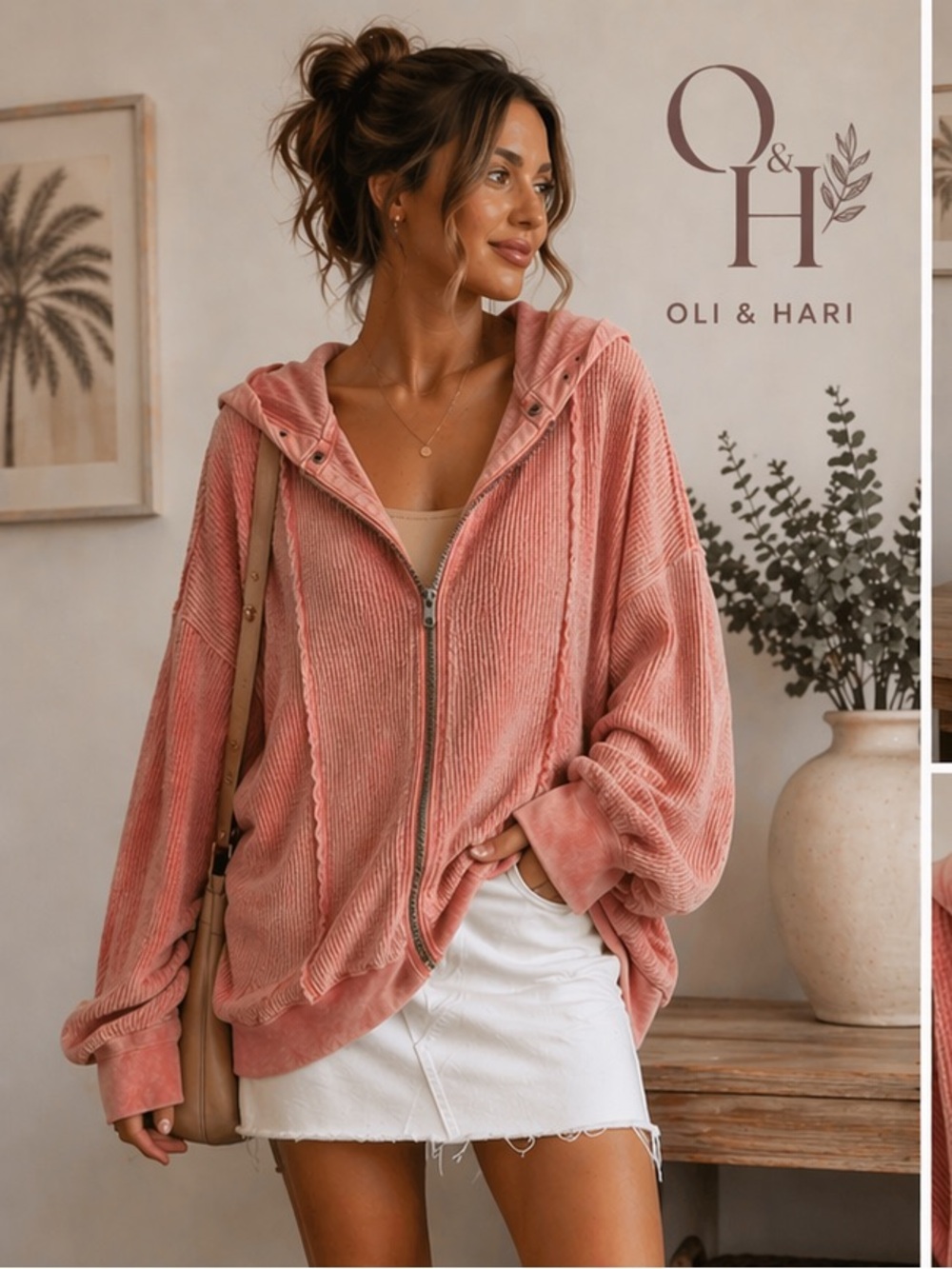 Oli & Hali,WaffleKnit Hooded Thermal Boho Top Oversized Cuffs,Heavyweight Size M